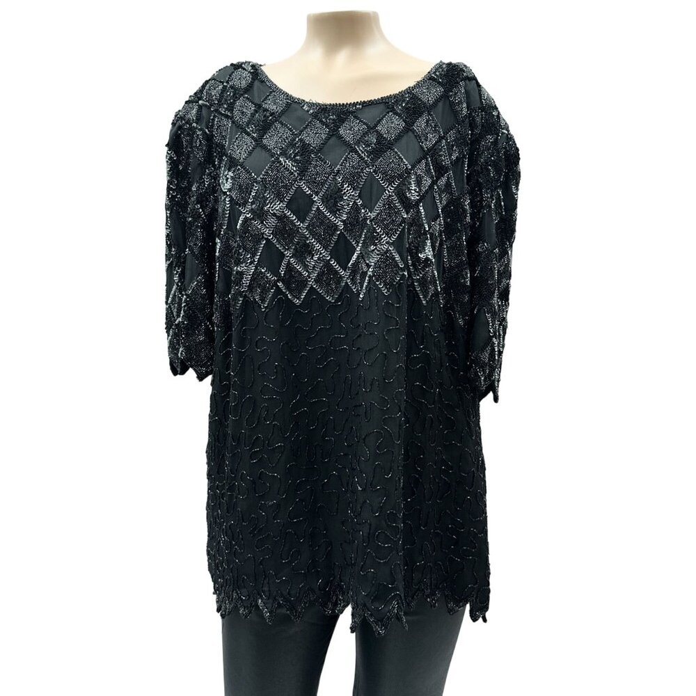 80s Vintage Laurence Kazar‎ Sequin Beaded Silk Blouse Top Black Plus Size XL